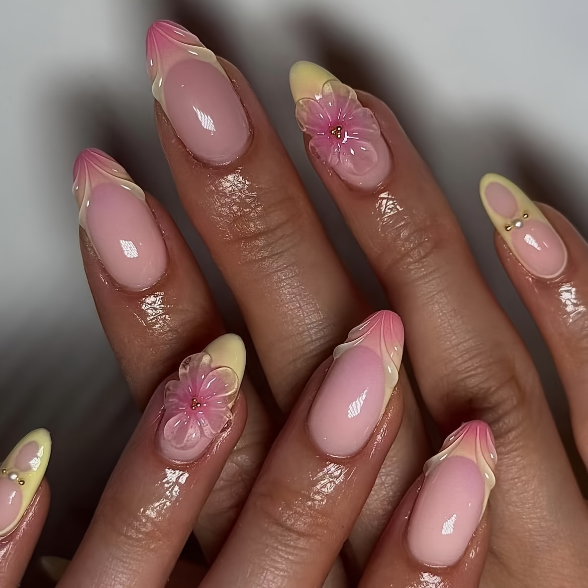Image of Medium Almond Press On Nails 3d Wave | Ombre | French Tip Fake Nails With Design Glossy Fall Winter False Nails Pearl Nail Charms Crafts Glue On Nails For Women Daily Wear Manicure Tips
