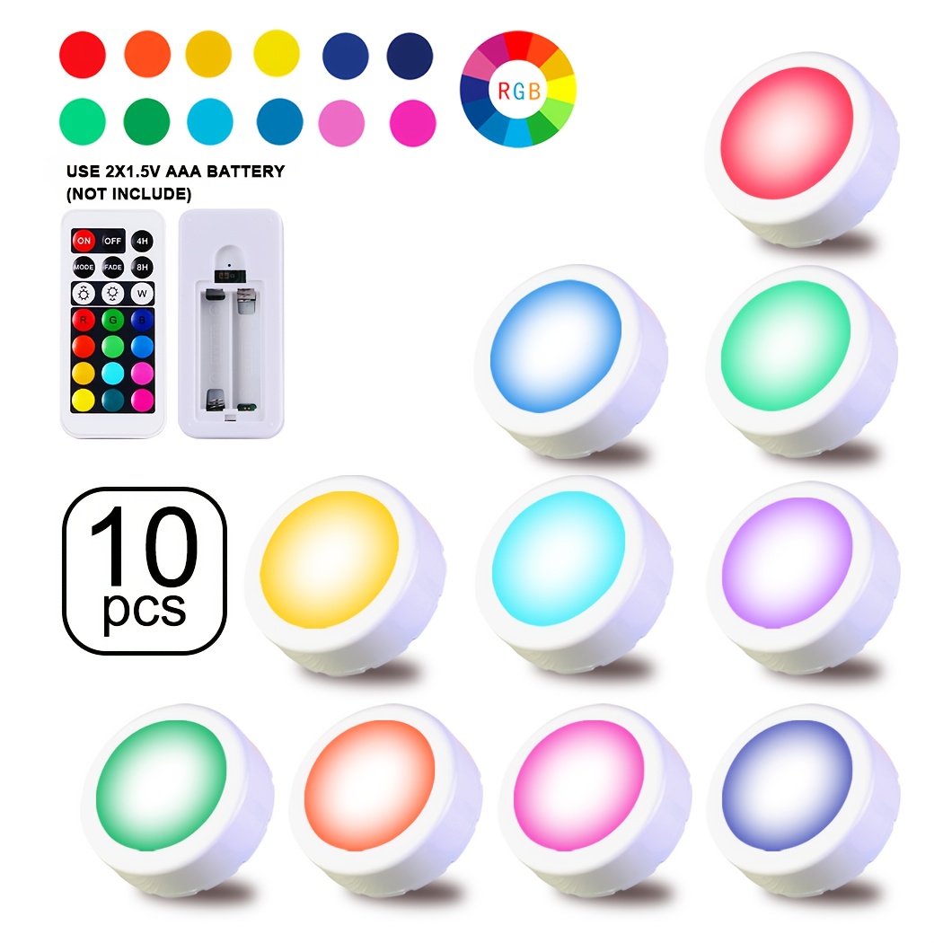 TEMU Set Of 10 Led Lights For Cabinets, Featuring Remote Control And Color-changing Options. Night Lights Run On 3x1.5v Aaa Batteries (not Included)