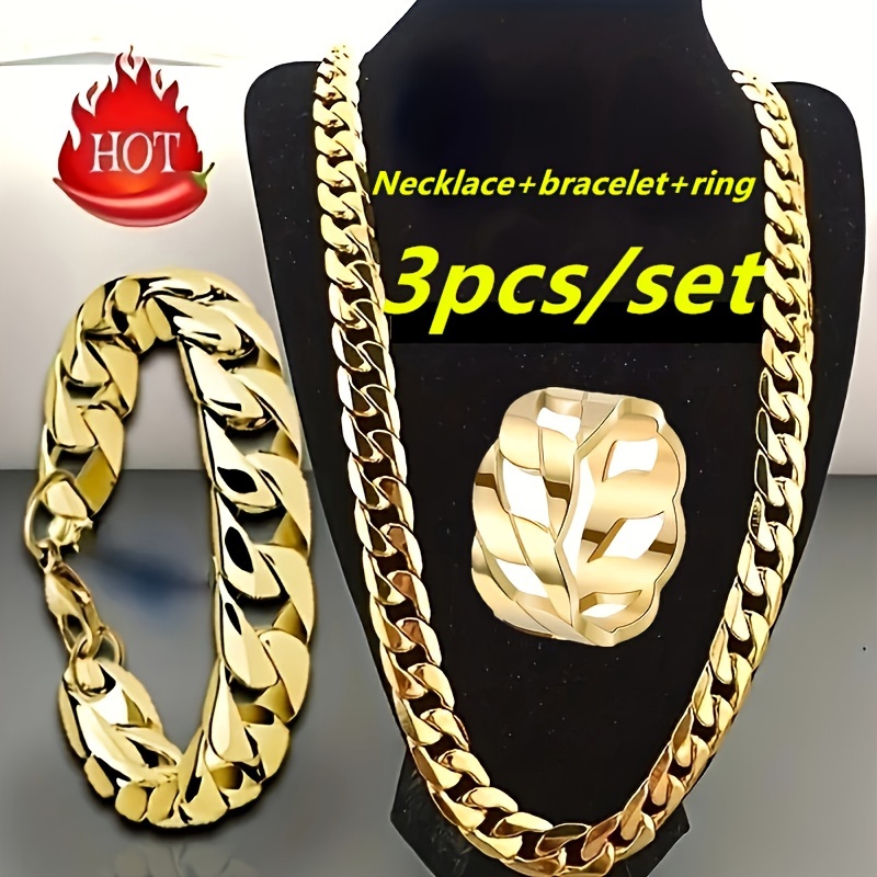 TEMU Set Of 3 Cuban Chain Additions Made From 304 304 304 304 304 Stainless Steel, Including A Necklace, Bracelet, And Ring, Designed In A Hip-hop