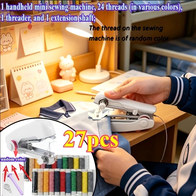 TEMU 27pcs Portable Sewing Kits: Including 1 Handheld Mini Sewing Machine, 24 Threads ( Colors), 1 Threader, And 1 Extension Shaft; A Set Of Manual