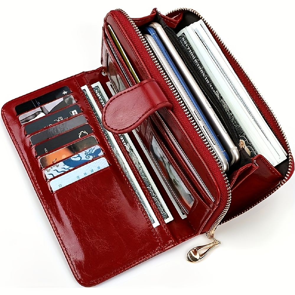 TEMU Portafoglio lucido con 13 scomparti per carte, pochette , custodia multifunzionale per telefono con cinturino da polso, vino