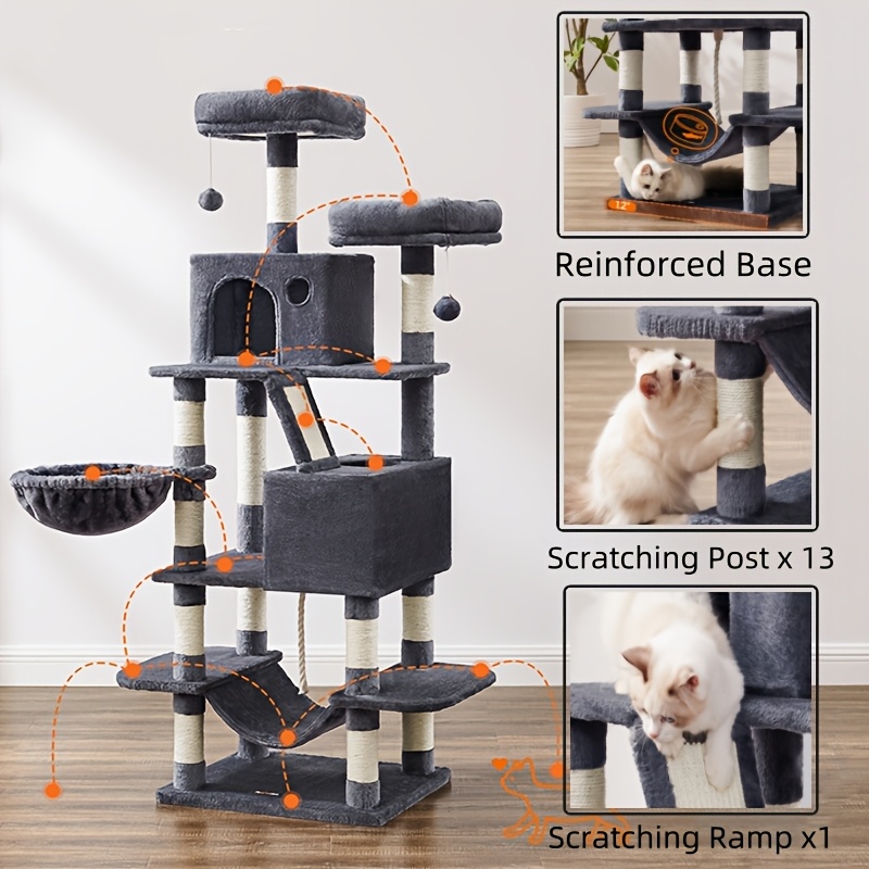 feandrea 66 1 44 1 inch cat tree large cat tower with 13 scratching posts 2 perches 2 caves basket hammock pompoms stable house multi level plush cat condo for indoor cats easy to christmas details 6