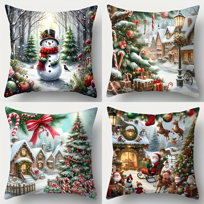 TEMU 4pcs Modern Christmas Pillow Cover Set, Double-sided Print With Snowman, Santa, Green Christmas Tree And Holiday Ornaments, Zipper Closure,