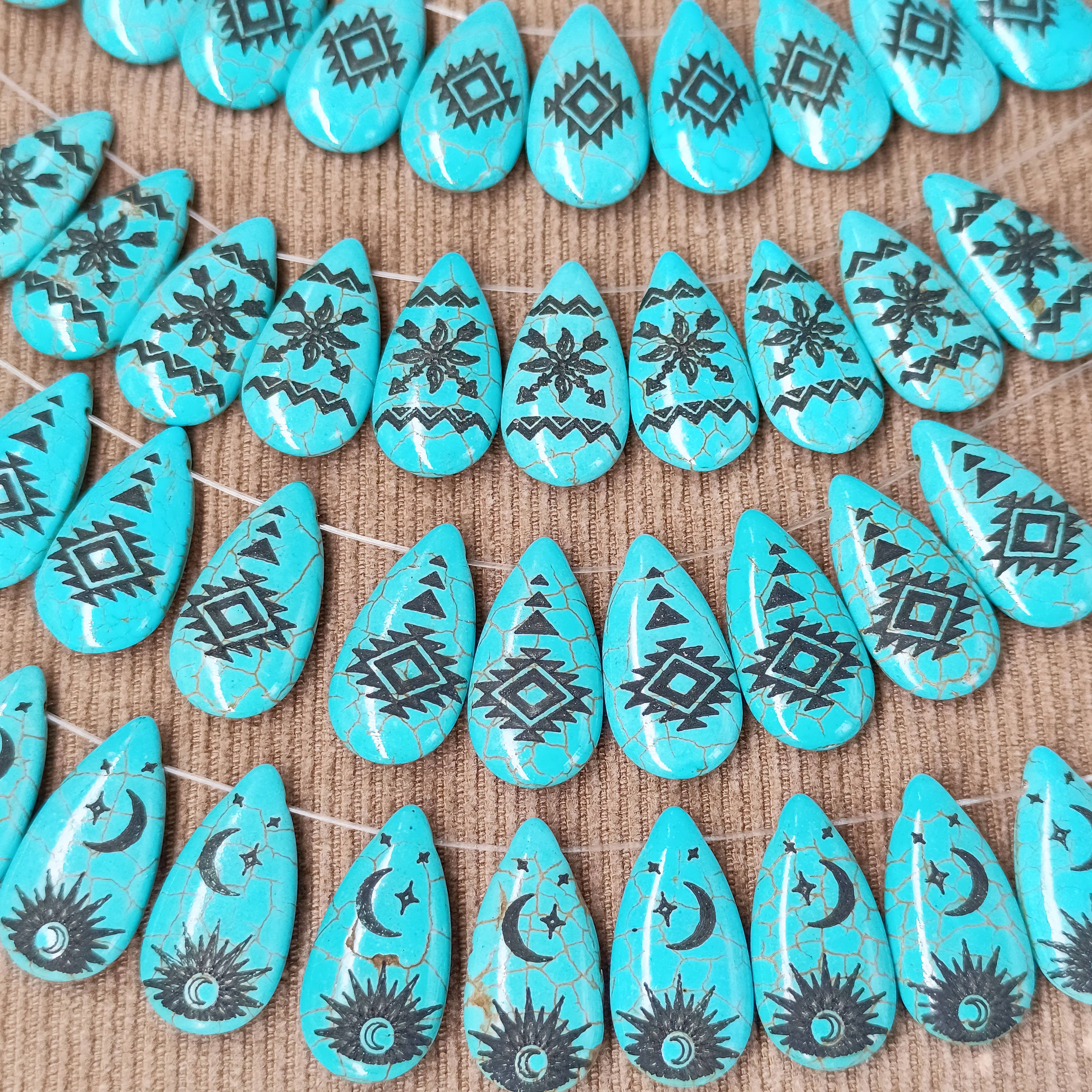 

Bohemian Style Synthetic Turquoise Water Drop Beads, Navajo Tribal Totem Carved, Star Moon Pattern, Diy Jewelry Making Supplies, Decorative Stone Beads Set Of 10