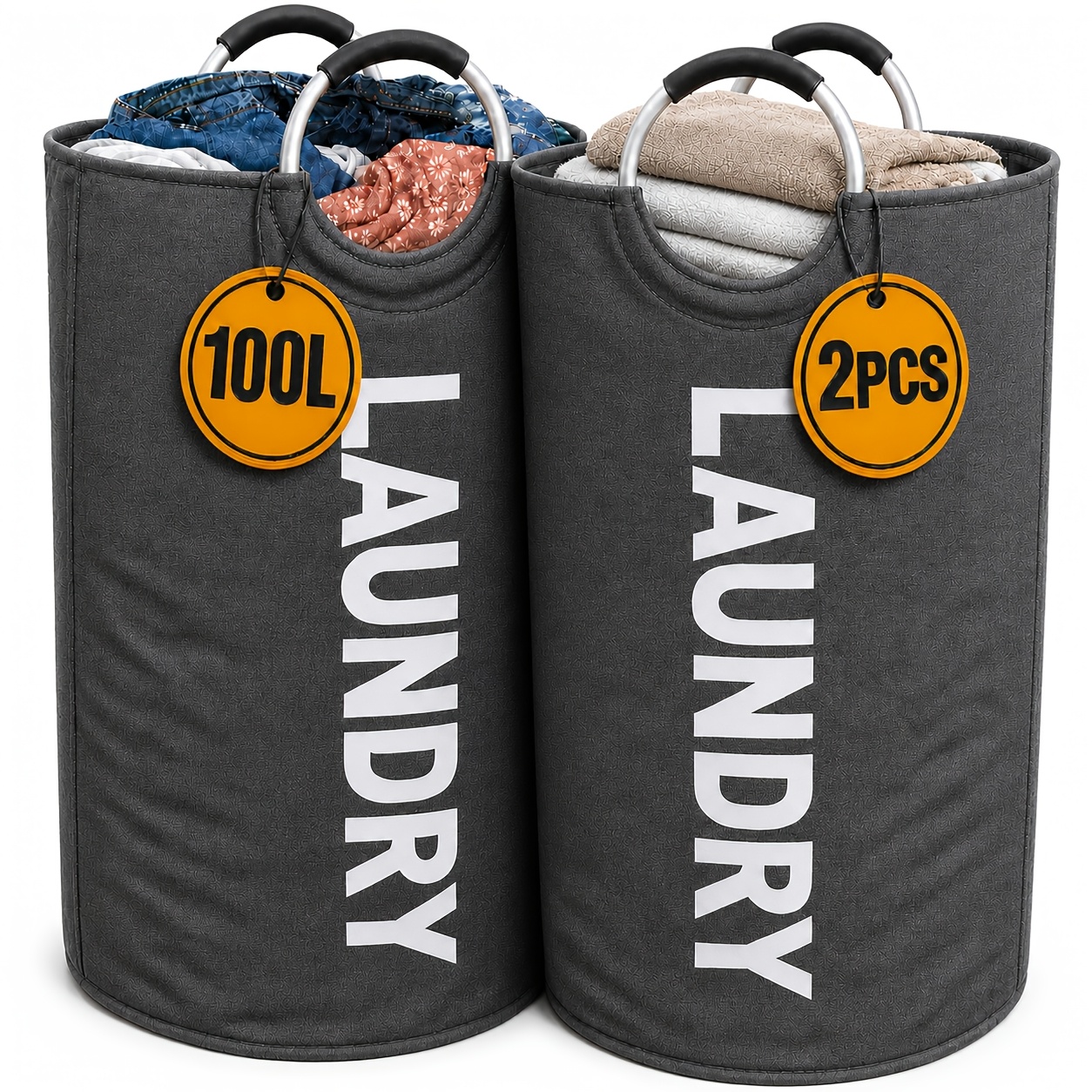 TEMU 2pcs Extra-large Capacity Laundry Baskets Set, Large Collapsible Laundry Hampers With Full-ring Aluminum Handles, Fabric Foldable Laundry Bags,