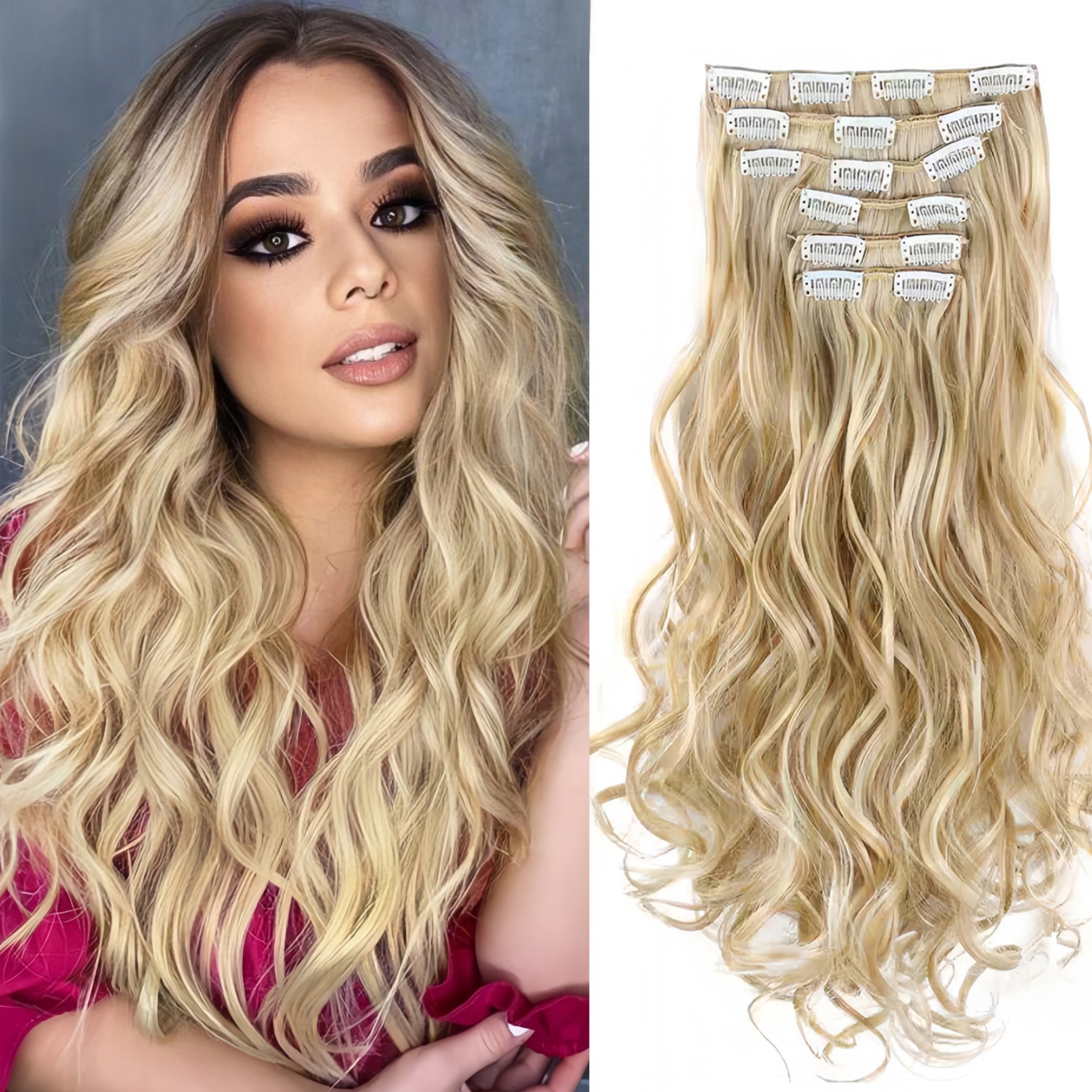 

Luxurious 20-inch Blonde Ombre Clip-in Hair Extensions For Women - Long, Synthetic Hair With Elegant White Clips, Diverse Hairstyles, Ponytail Hair Extensions