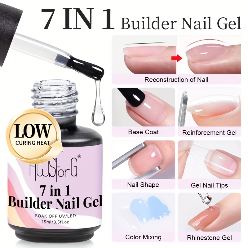Image of Awstorg 15ml 7-in-1 Multifunctional Builder Nail Gel Base Coat Strengthener Thickening Extension Rhinestone Soak Off Gel Polish