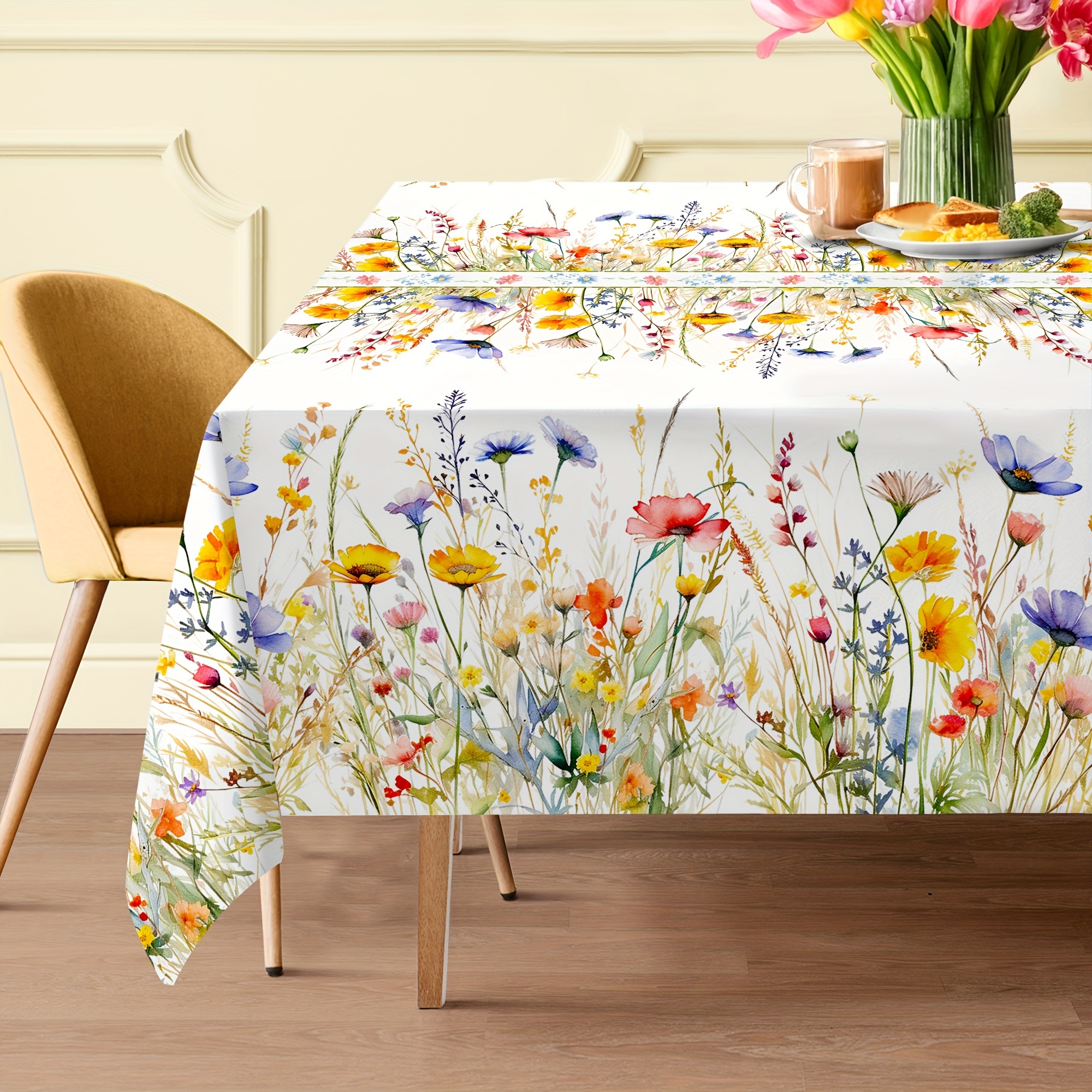 

1pc, Tablecloth, Watercolor Floral Small Fresh Style Pastoral Wheat Design Table Decor, Rectangle Spring Theme Seasonal Table Cover, For Picnic Or Holiday Party, Room Decor