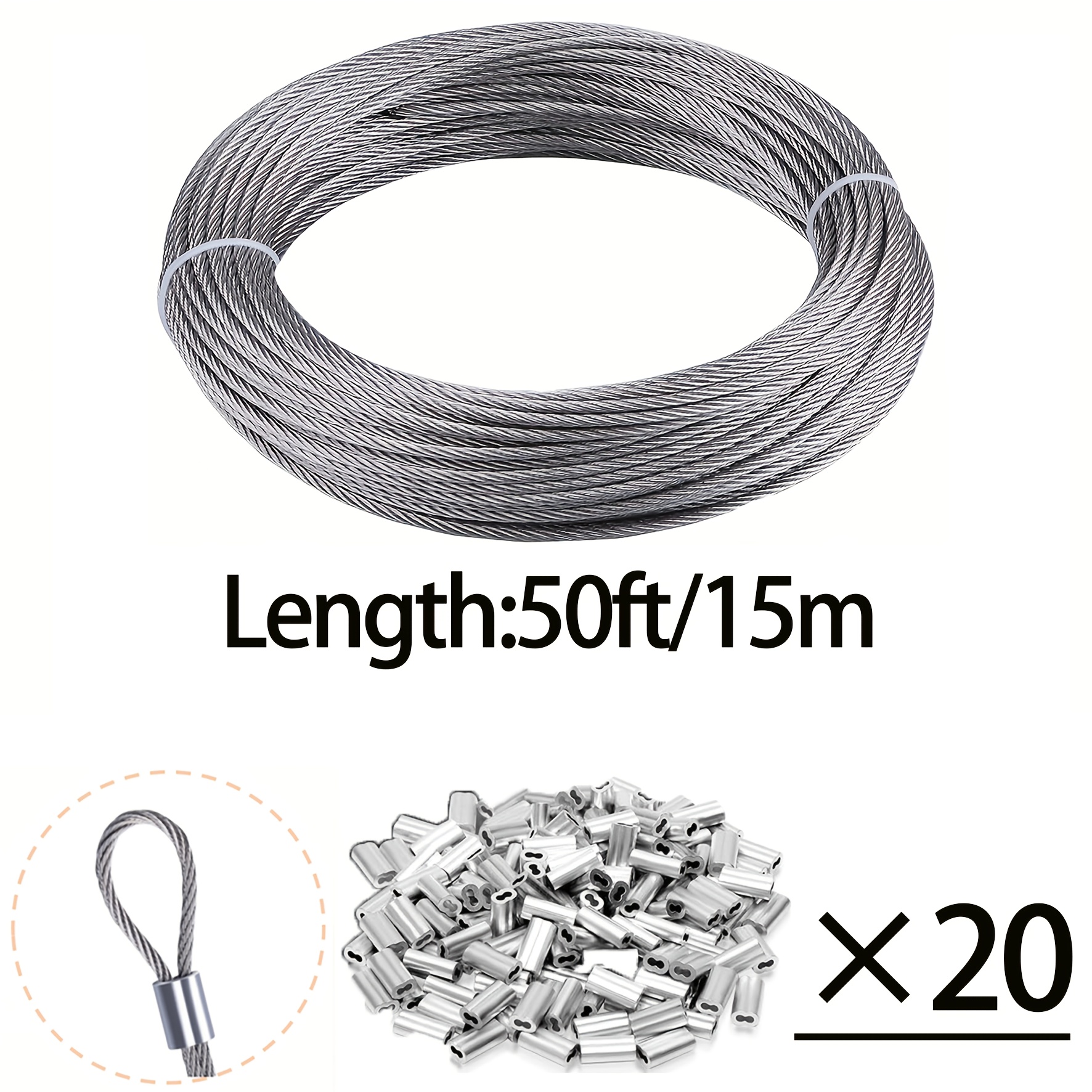 304 Stainless Steel Wire Rope 50/100/328ft, 1/25 Inch Wire Rope With 20/40/100 Ferrules, Suitable For Hanging String Lights, Hooks, And