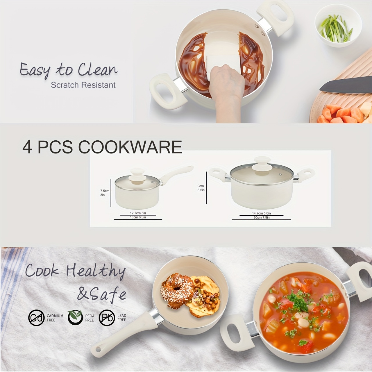 aluminum non stick cookware set 4pcs 1 5qt 3qt ceramic saucepan set with lids   free dishwasher safe induction compatible sauce pans details 0