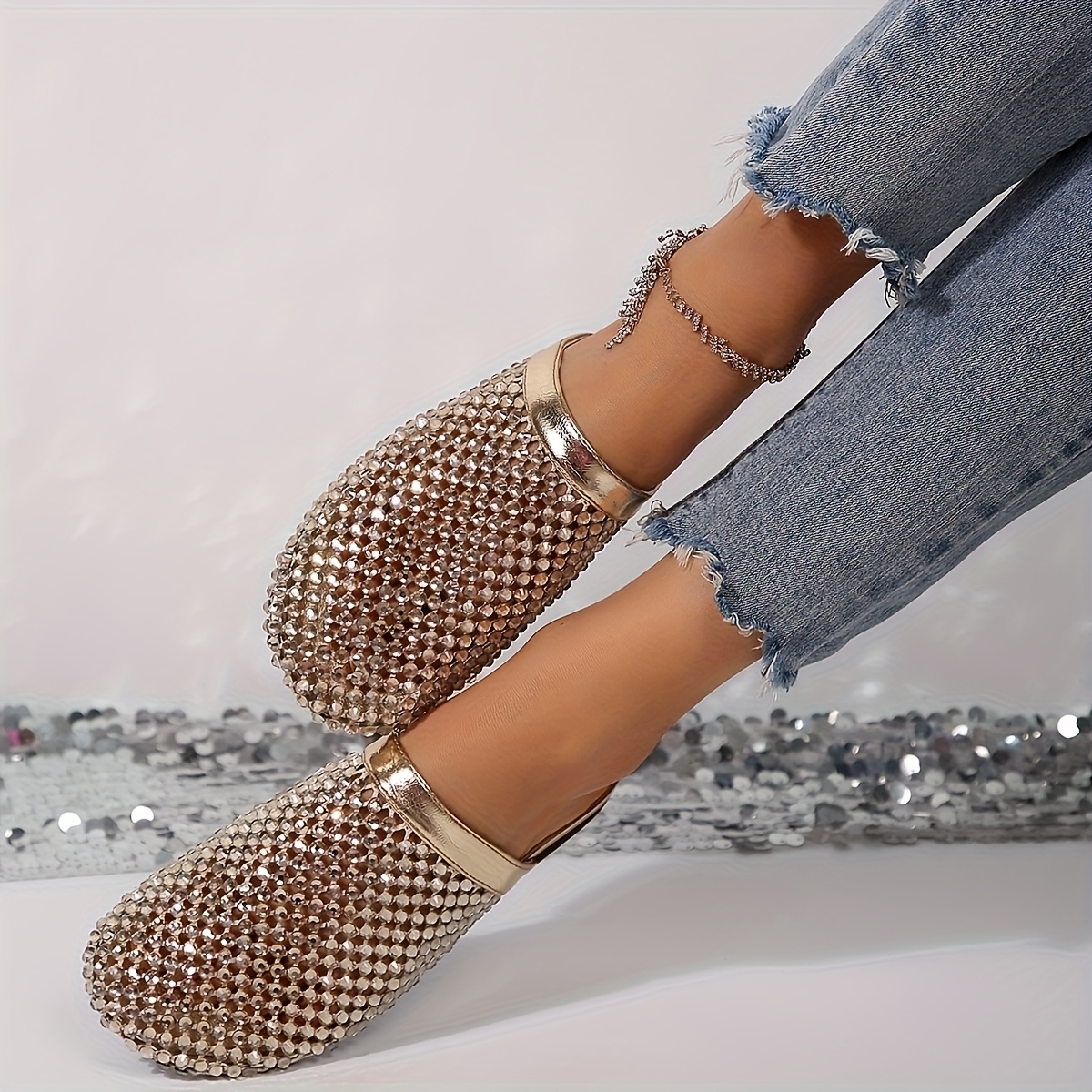 Women'S Sparkling Round-Toe Slip-On Mules with Low Heel - Golden Tone, Faux Upper, Synthetic Insole, All-Season Comfort Shoes, Fashion Footwear|Sparkling Detail|Synthetic Upper, Mules