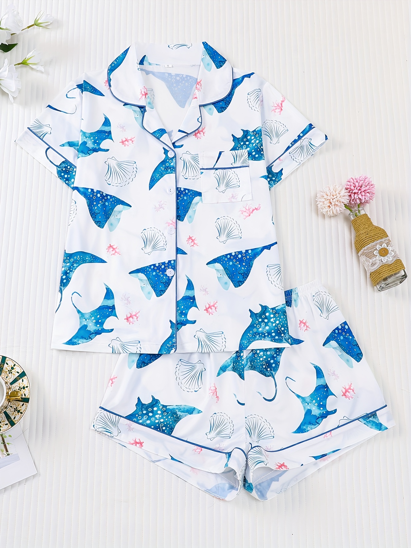 two piece cardigan short sleeved   with shorts pajama set ocean   print suitable for   in   womens lapel   Product details 0
