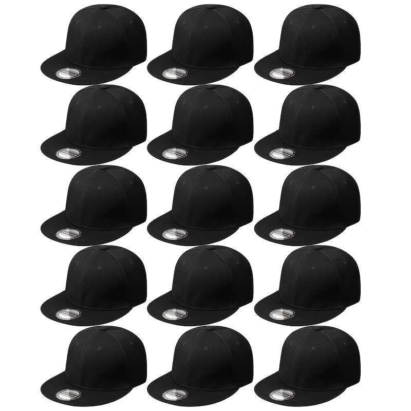 

15 Pack Snapback Hats For Men Hip Hop Style Hats Solid Baseball Hats Adjustable Snapback Cap Flat Brim Baseball Caps, Black