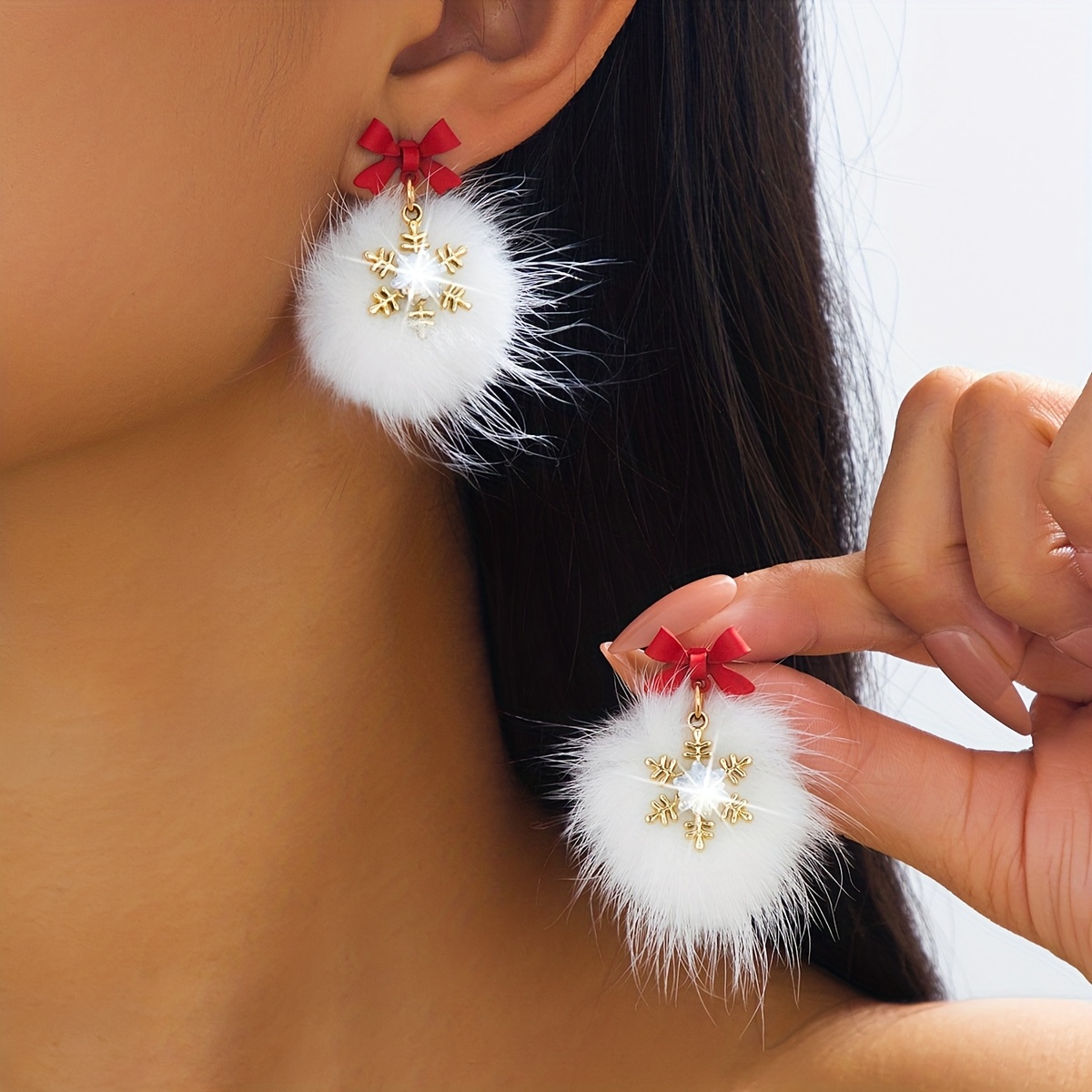 Image of 2pcs Cute Fashion Christmas Pompon Alloy Snowflake Bow Earrings Suitable For Women' Gift Holiday Wear