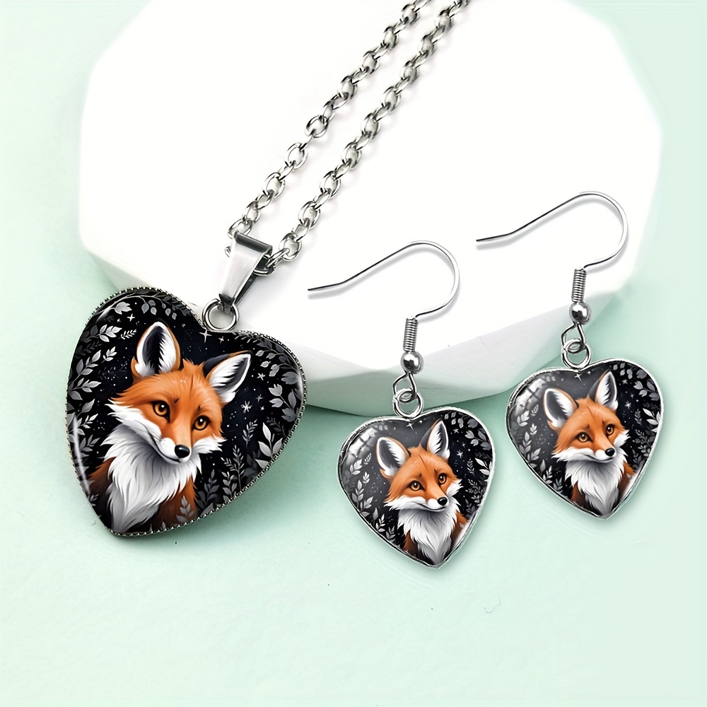 TEMU Set Of 3 -themed Heart-shaped Necklace And Earrings, Glass Jewelry Gift