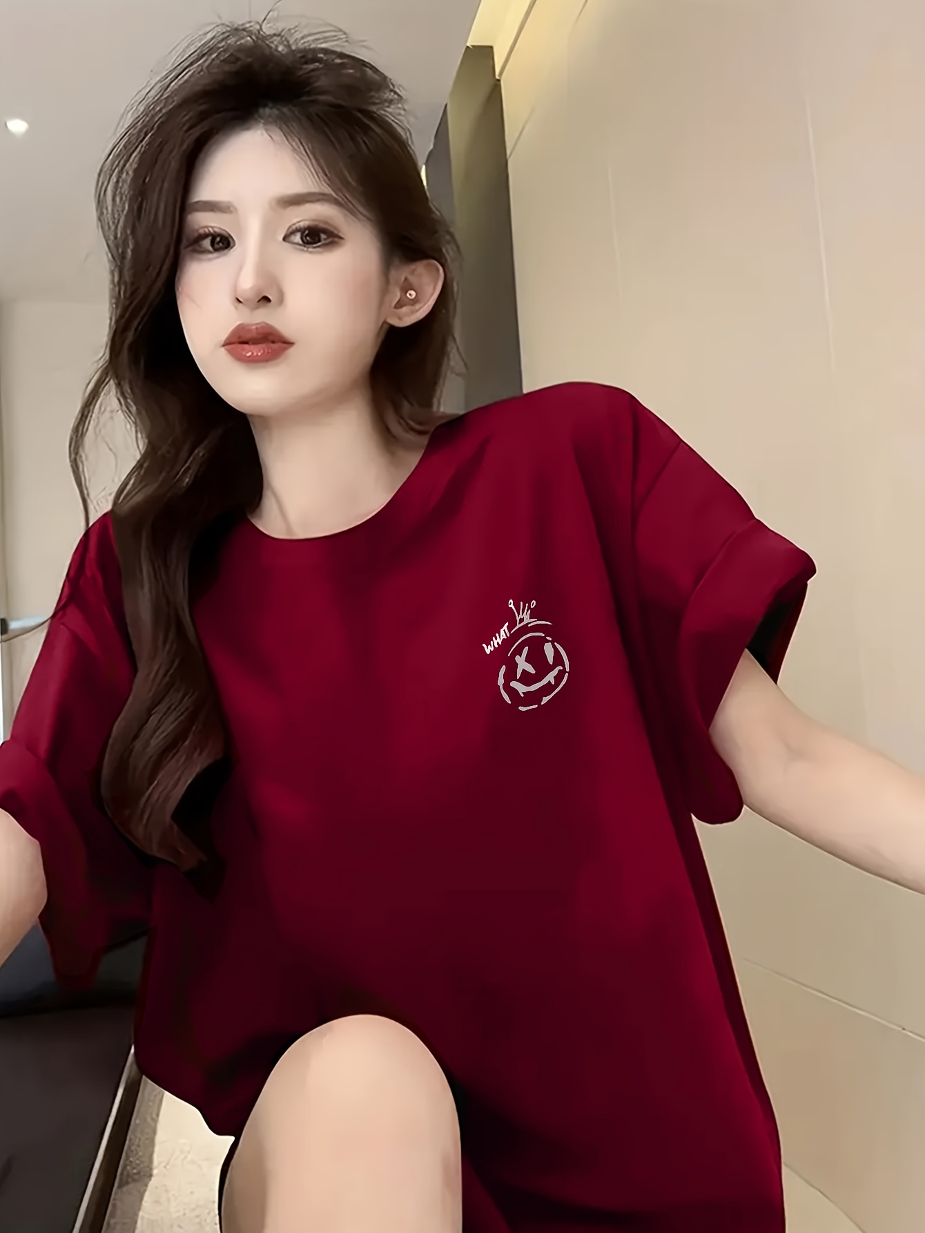 womens summer casual skateboard graphic print t shirt loose fit longline top with cartoon design light yellow round neck short sleeve tee for streetwear everyday outfits outfit addition durable fabric relaxed fit   print shirt women Product details 4