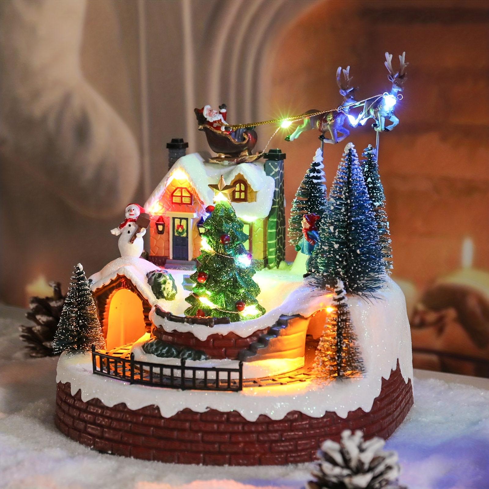 TEMU Christmas Village Train Houses Collectible Buildings - Moving Train Waterproof Around The Christmas Tree, Warm Light Musical Christmas Ornaments