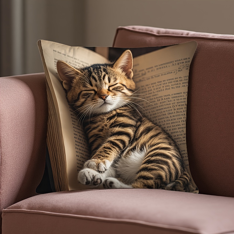 1pc Cat Sleeping In A Book Design Pattern, Vintage Style, Patterned Pillowcase, Machine Washable, Zipper Closure, Suitable For Car, Bedroom, Living Room Sofa Decoration. Pillow Insert Not Included