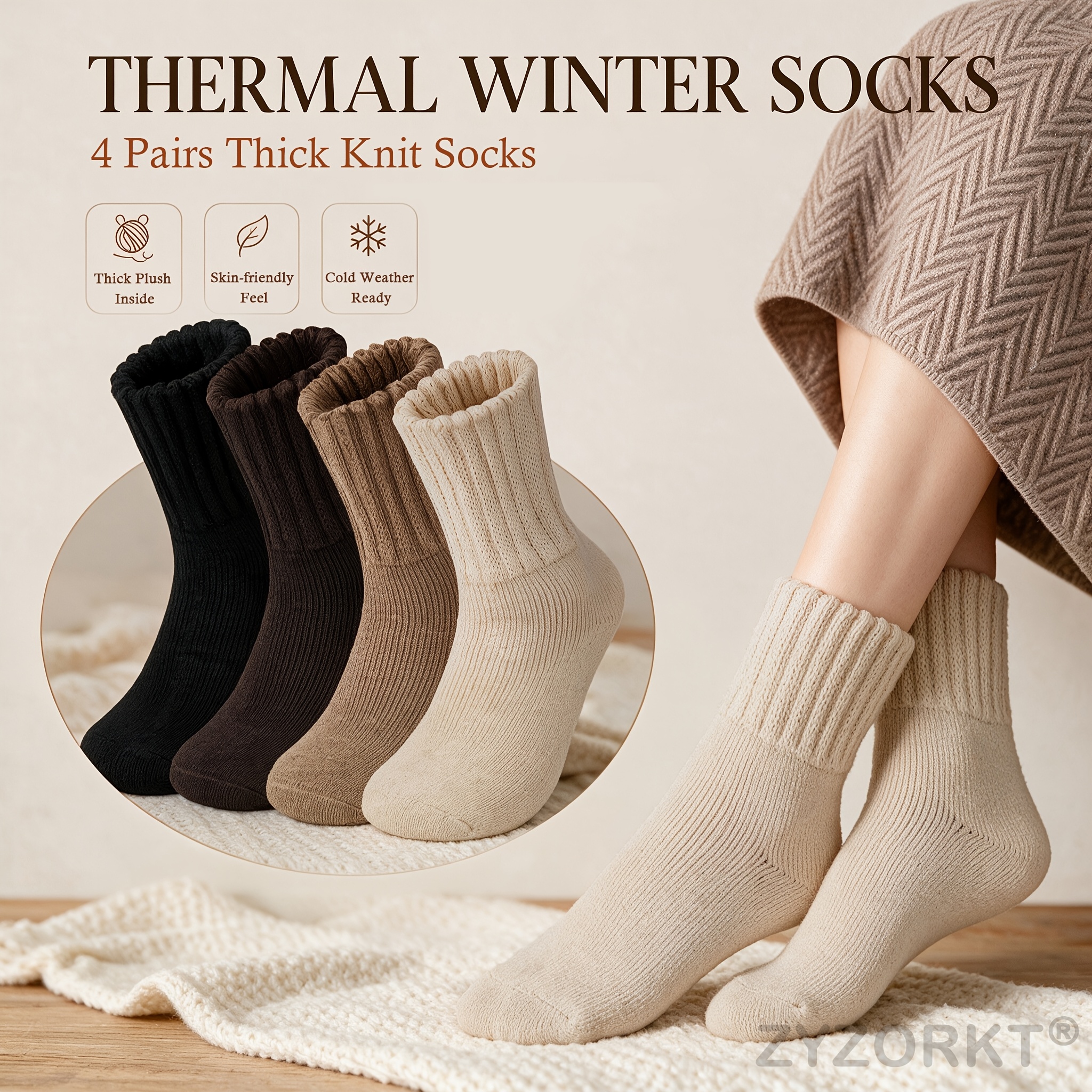 TEMU 4 Pairs Women's Thermal Winter Boot Socks, Thick Fleece Lined Warm Crew Socks, Fully Cushioned, Hiking Cozy Socks For Cold Weather And Christmas