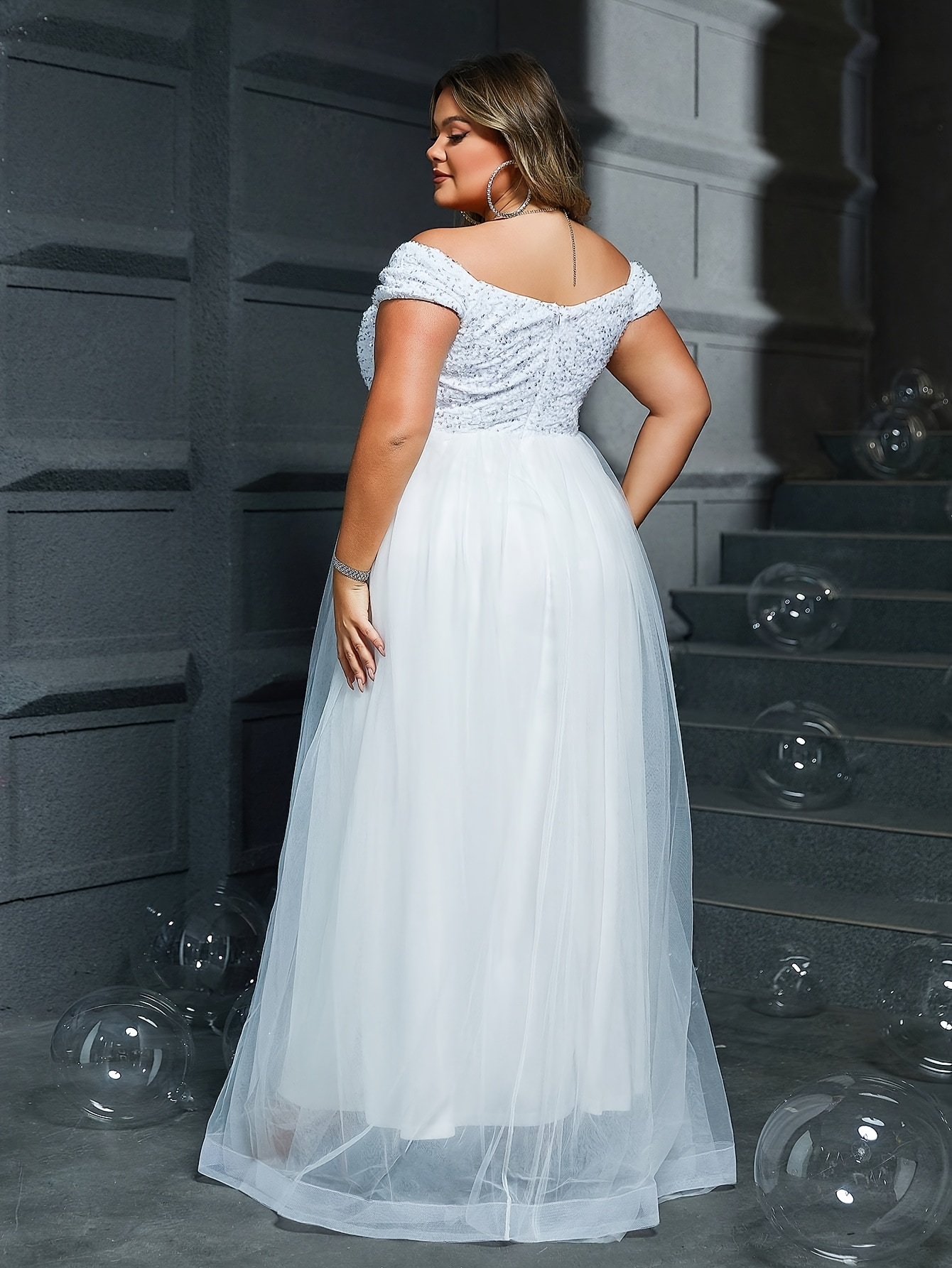 plus size white shoulder sequin mesh wedding gown - Temu