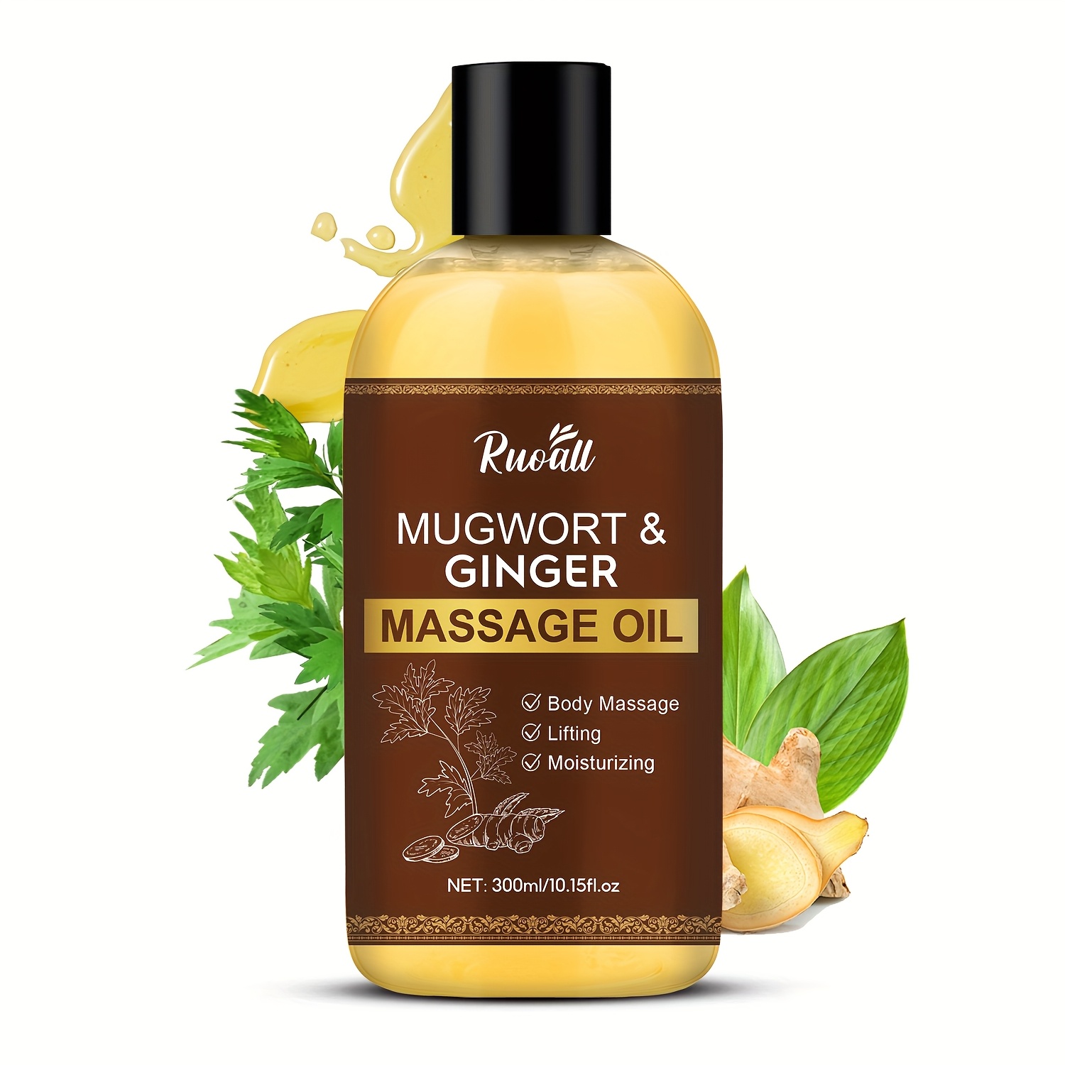 Ruoall300ml Transparent Round Bottle Of Wormwood Ginger Massage Oil, Moisturizing Massage Suitable For Skin Care, Glycerin, Suitable For Types, Moisturizing And Moisturizing