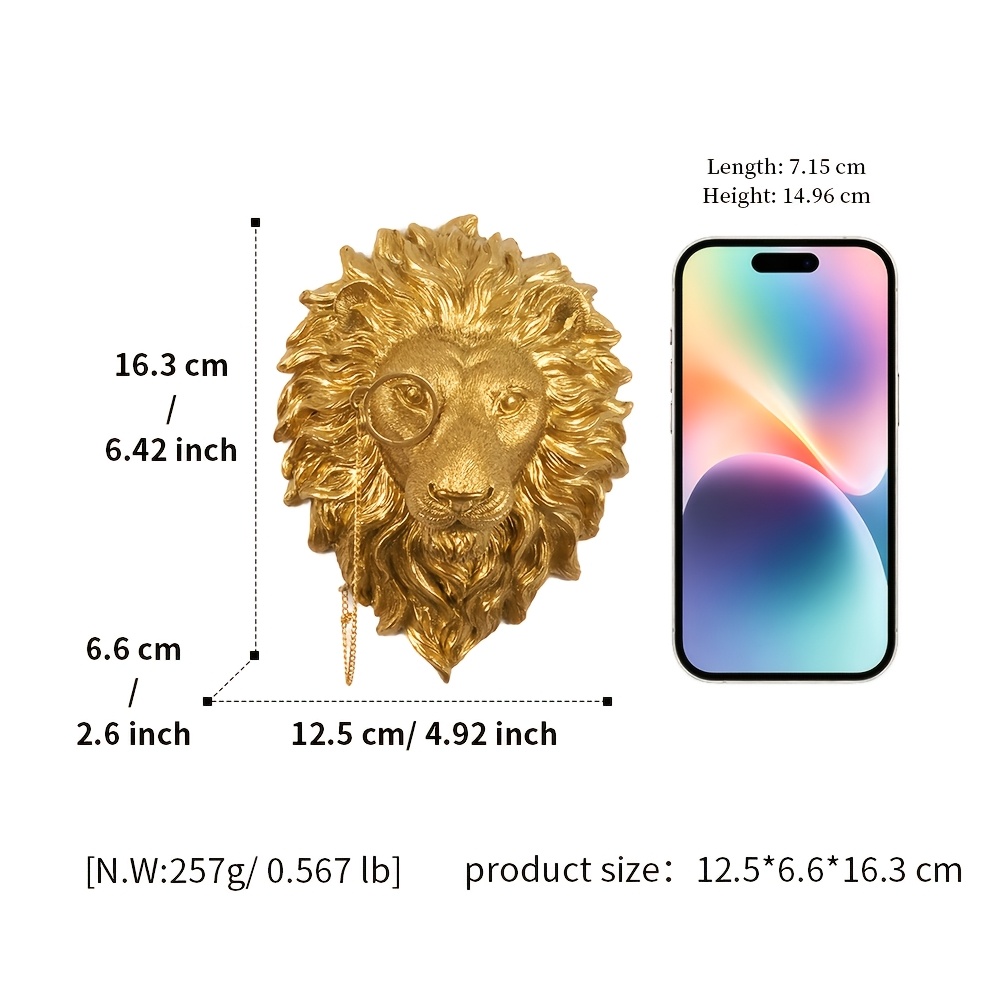 TEMU 1 Tête de Lion Dorée Murale de Style Rétro, Sculpture d'Art en Résine pour Décoration Moderne de Maison et de Bureau, Peinture Murale Tête de