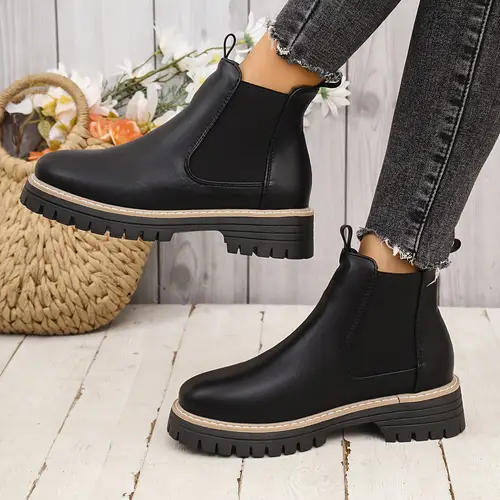 1pr 올 시즌 클래식 앵클 부츠, 단색 블랙 pu, 라운드 토, 로우 플랫폼 힐, 편안한 캐주얼 쇼트 부츠, tpr 솔 및 패브릭 라이닝