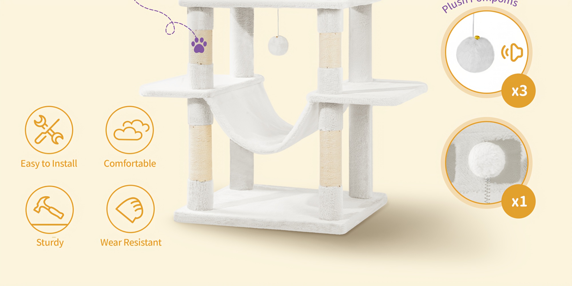 Grande Arbre à Chat, 210 cm de Hauteur, avec 8 Griffes, 2 Tanières, Grandes Plateformes, Tapis Lavable, Hamac, Balles en Peluche, Arbre Multiniveaux, Blanc Crème