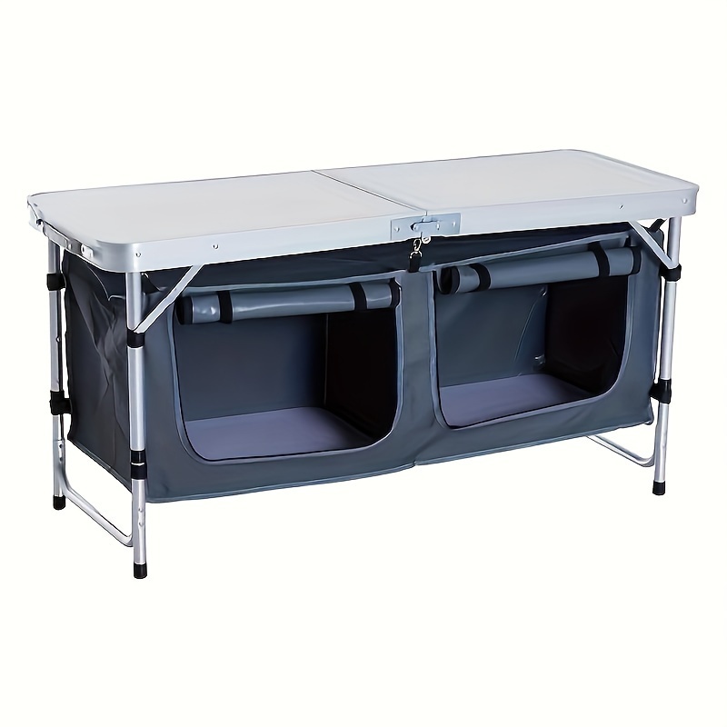 

4ft Mdf Tabletop Outdoor Folding Table Aluminum Frame Rectangular With Blue Cloth Cabinet 3 Height Adjustments