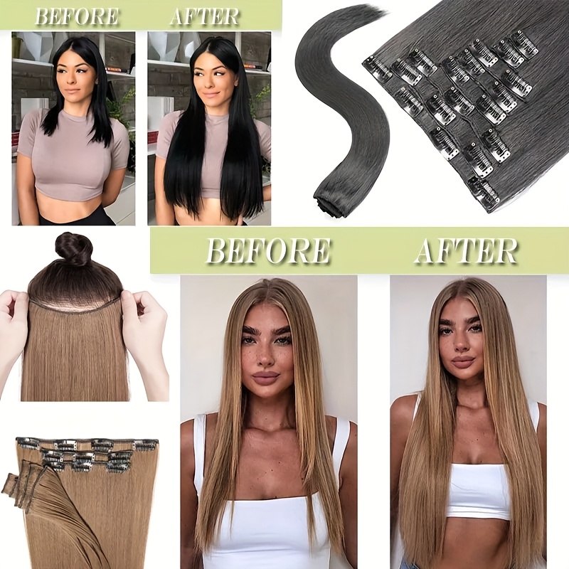 8pcs set clip in hair extensions straight 23inch 58cm long thick synthetic hair piece high temperature fiber double weft heat resistant fiber 8pcs   clip in hairpieces highlight   for women daily party festival gift details 8