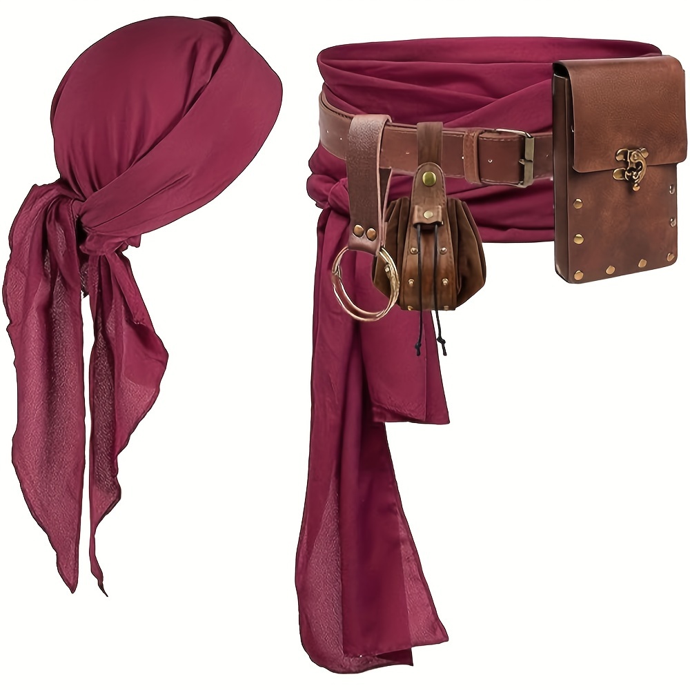Elegant Pirate Costume Accessory Set With Pu Leather Waist Belt, Coin Purse, And Head Wrap For Festive Occasions – Hand Washable