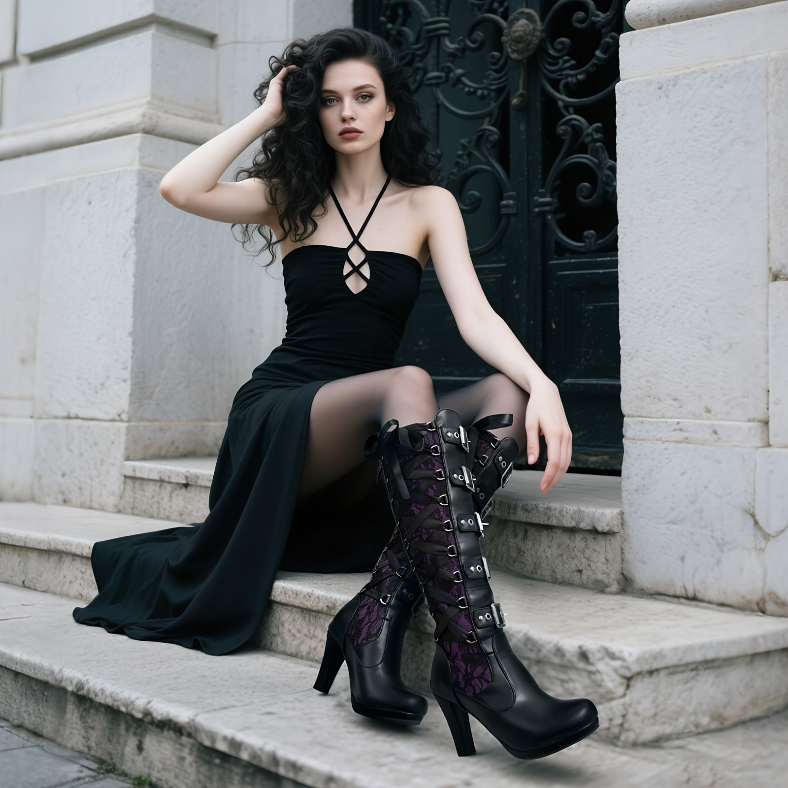 knee high lace up boots sold on Temu United States