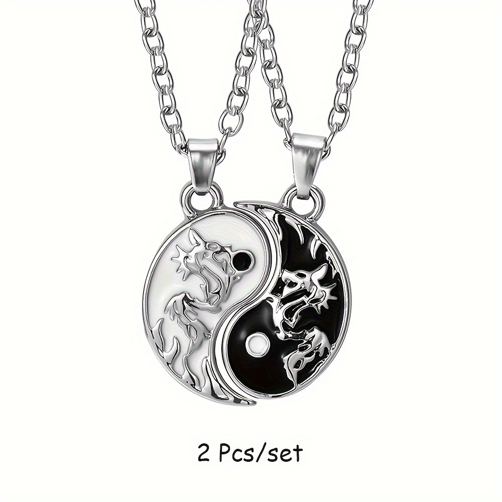 TEMU 2pcsDragon Tai Chi BFF Collar Para Hombres Y Mujeres, Vintage Ajustable Yin Yang Colgante Para Pareja, Retro Moon Star Aleación Redondo Blanco Y