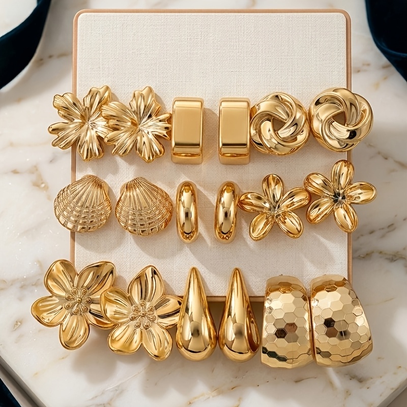 TEMU 9 Pairs Retro Fashion Acrylic Elegant Lightweight Ear Jewelry Set, Seashell, Petal, Geometric Round Multi-element Women's Earrings, Suitable For