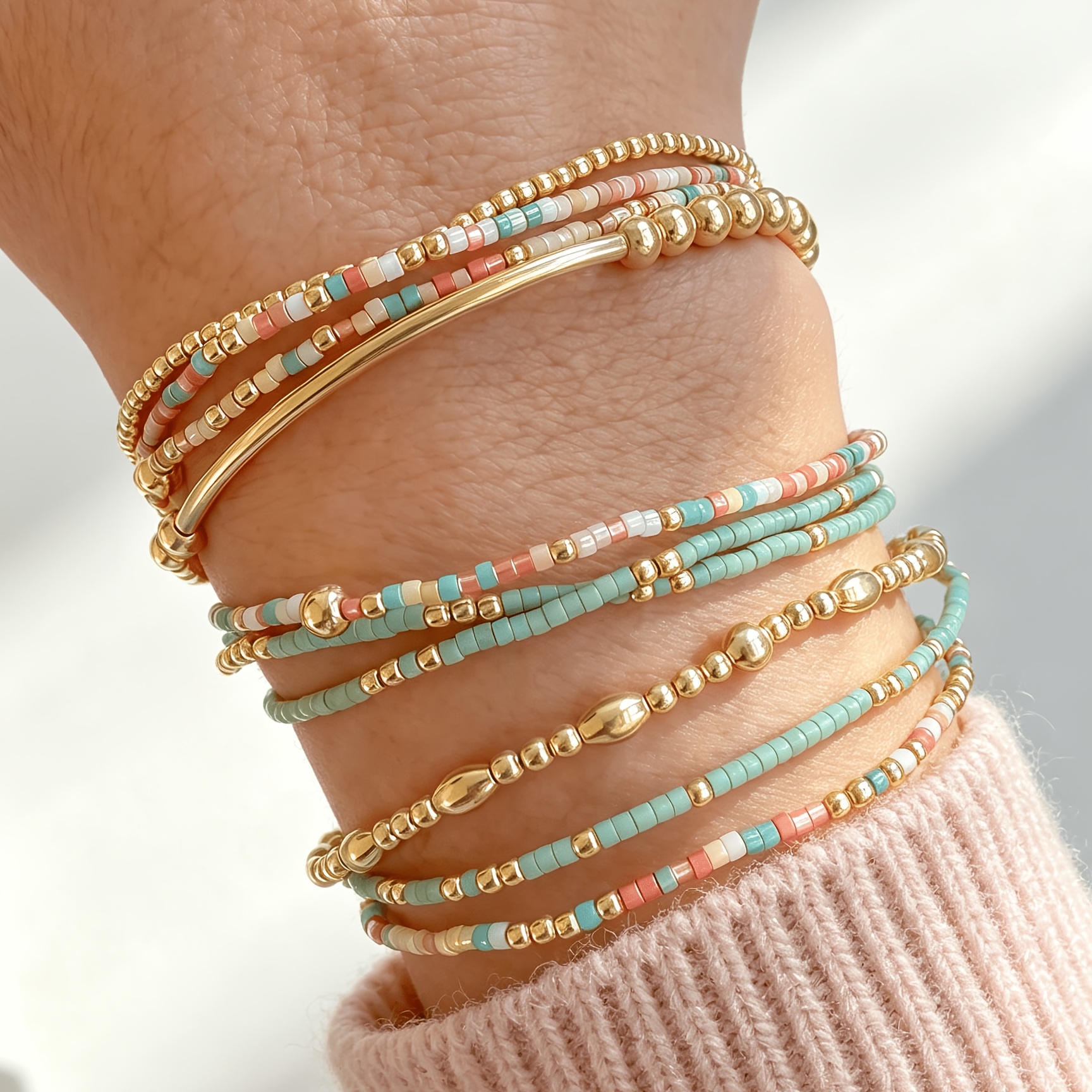 TEMU 10pcs Set Plastic Rice Bead Handcraft Positioning Elastic Bracelet Set Colorful Rice Bead Stackable Bracelet Set Light Golden Thin Chain
