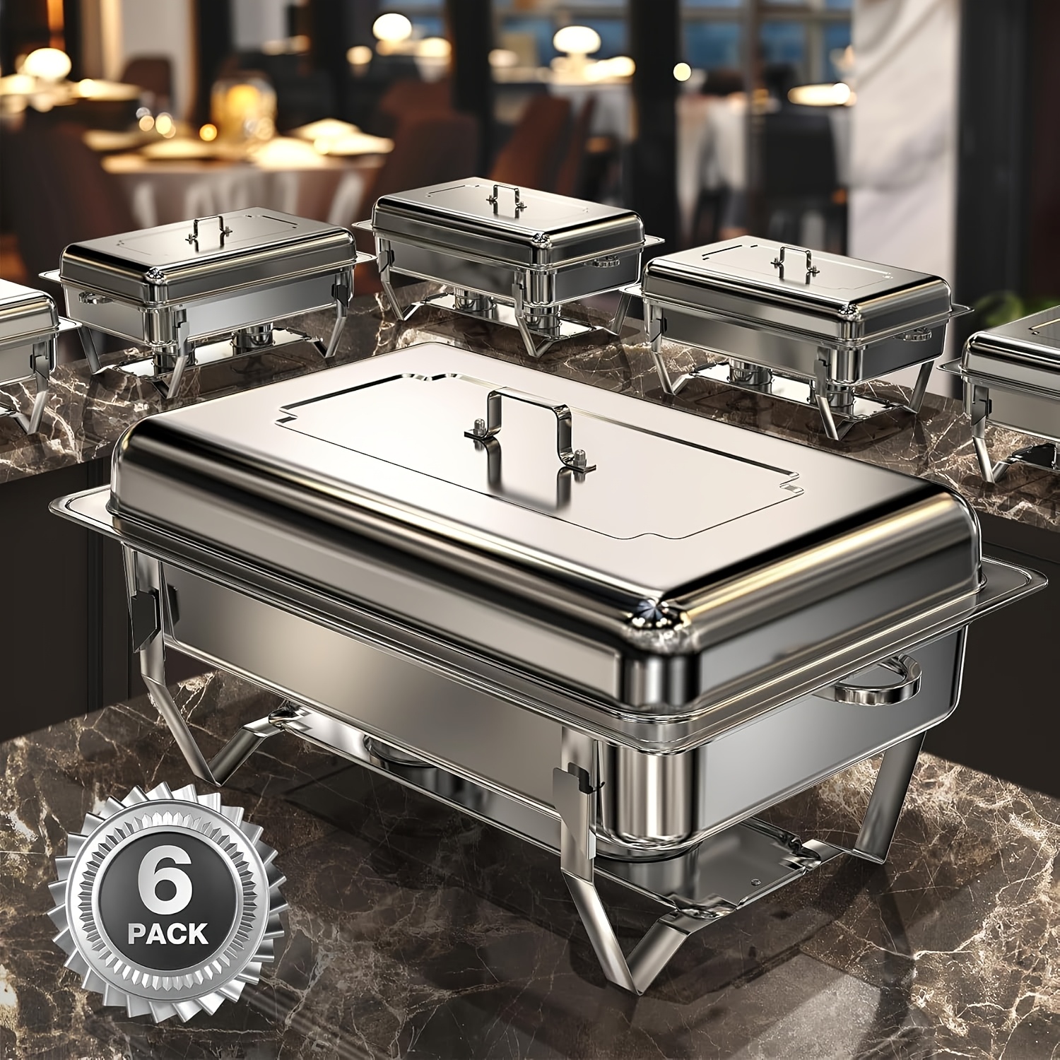 E-shop Dampfglaskanne für Buffet, 6er-Pack 9L Dampfglaskanne Buffet Set mit transparentem Glasdeckel, rechteckige Edelstahl-Lebensmittewärmer für