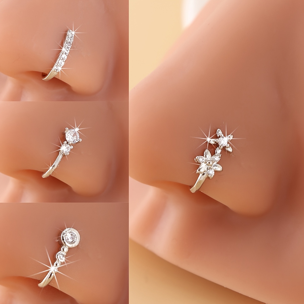 Image of 4- Flower Nose Clips, Inlaid With Synthetic Zirconia, Fake Piercing- Jewelry, Fashion Nose Rings Suitable For Daily Wear