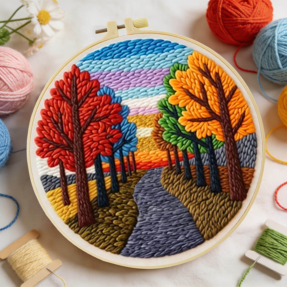 TEMU Kit per a infilatura con ago per principianti, ago, filo, istruzioni, telaio da e tessuto con motivo prestampato, design di paesaggio forestale,