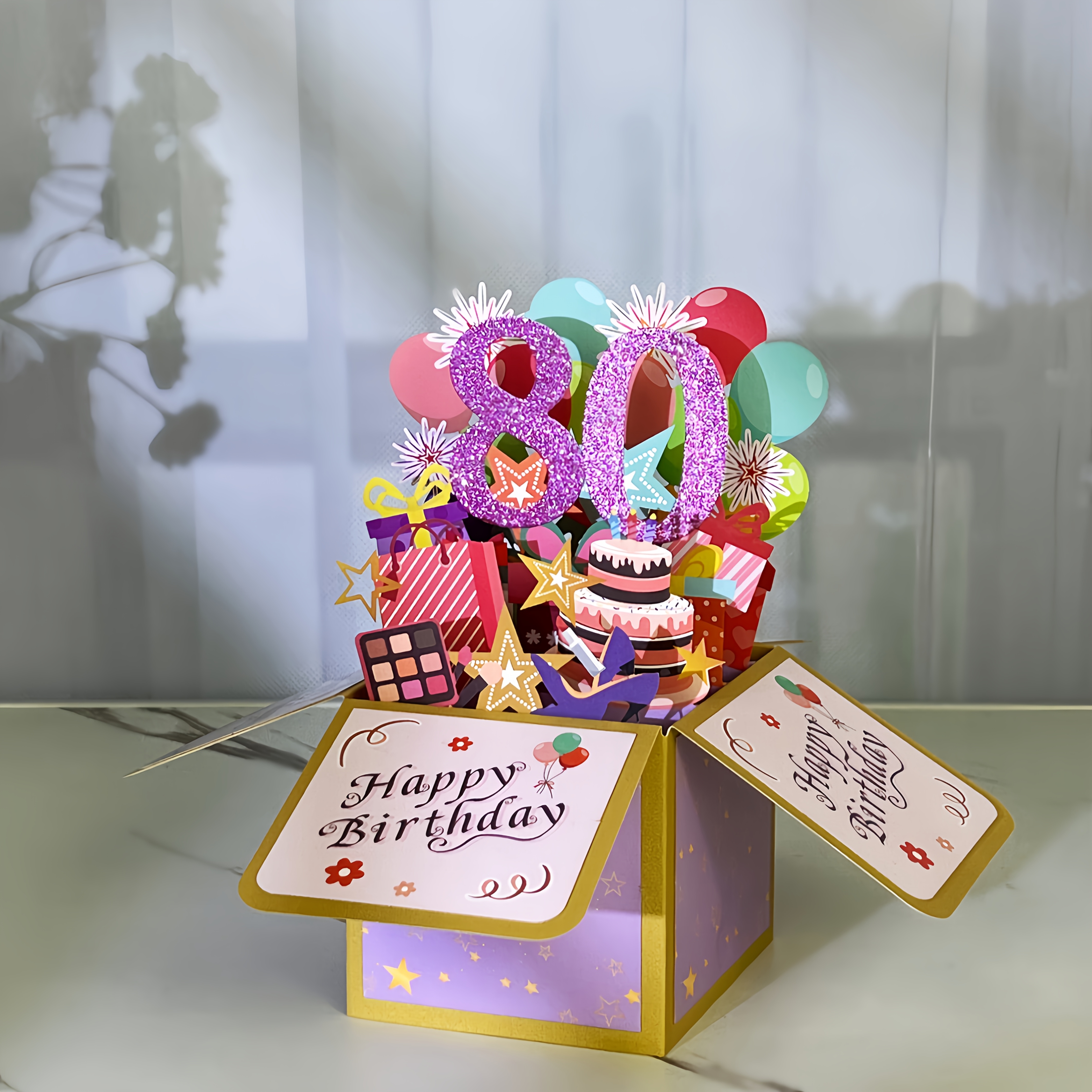 TEMU A Glittering Golden-foiled Greeting Card, A 80th Birthday Card, A Pop-up 3d Card With An Envelope. An 80th Birthday Card, Suitable For Anyone
