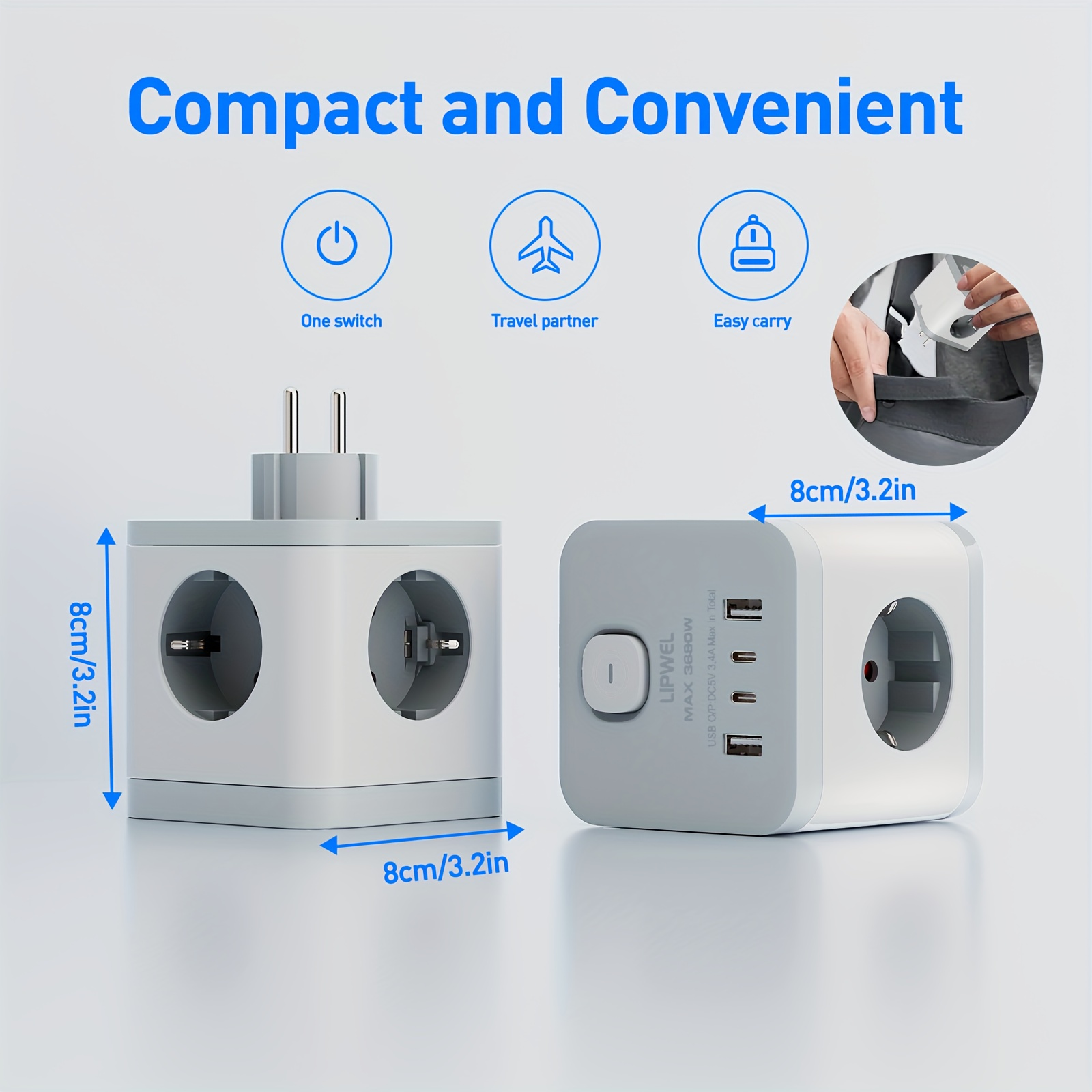   7-in-1 Multi Plug Adapter with 3 AC Outlets, 2 USB-A & 2 USB-C, 3680W Power Socket, Overheating Protection, No Cord Needed, Wall-Mounted Charging Station for Home, Office, Computer, Kitchen -  , Travel Adapter, Versatile Charging Station,  , Durable Construction, Wall Socket, Power Extension, Extension Socket, Electrical Outlet Extender, Socket Plug, Extension Cable, Ac Plug Converter, Flat Plug Design, Multi Plug