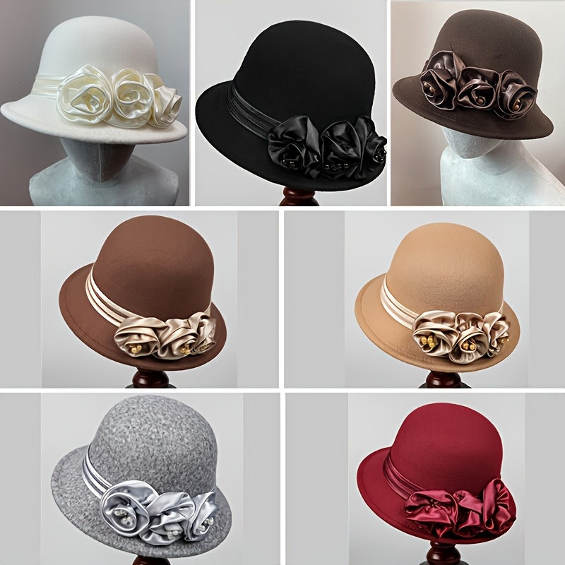 Vintage Wide Brim Fedora Hat with Floral Accents and Mesh Veil Adjustable Elegant Womens Fedora Hat With Feather & Floral... From  main image 4