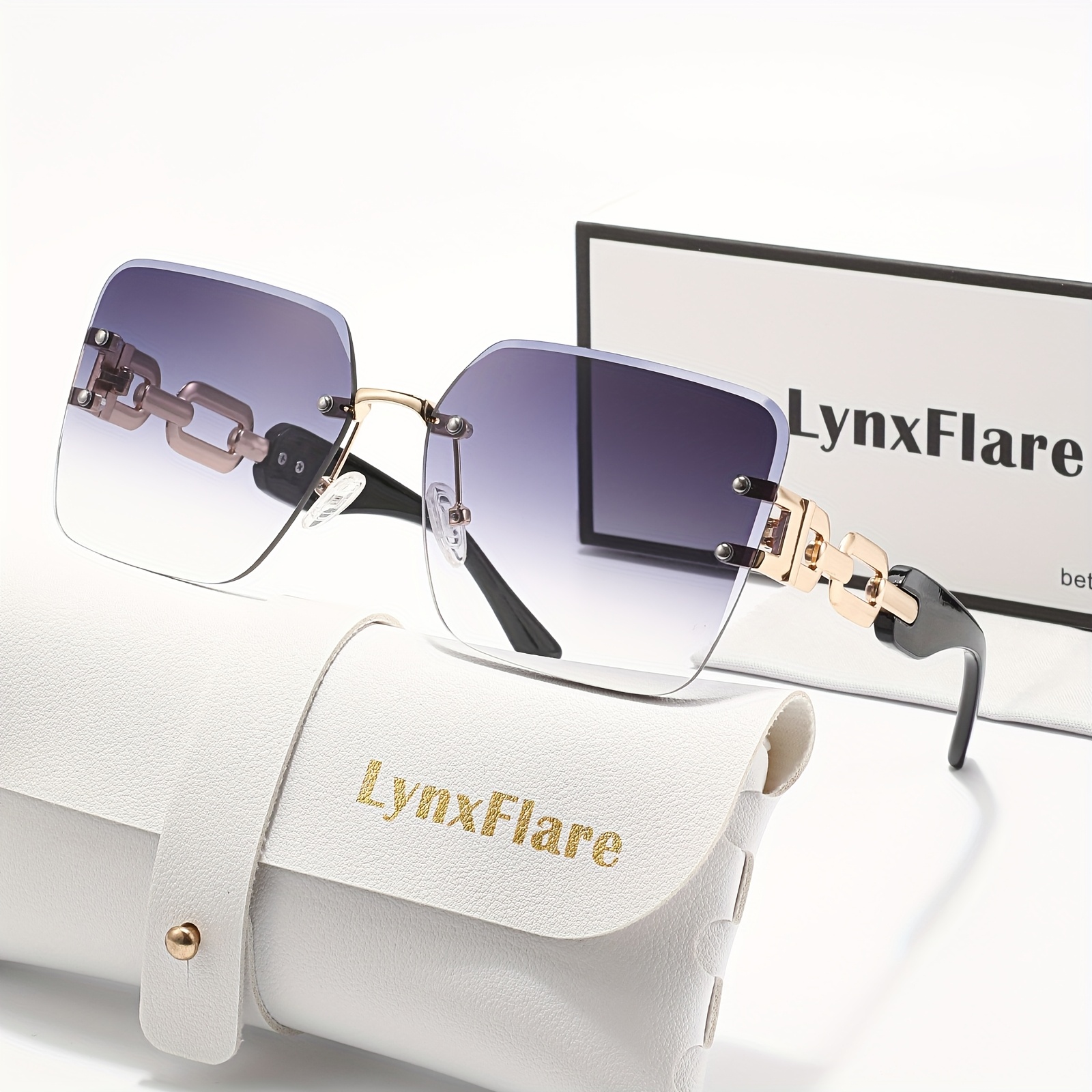 Tyylikkäät ja mukavat kehyksettömät neliölasit LYNXFLARE:sta, UV400-suojalla. Nämä tyylikkäät lasit ovat varustettu ketjusivuilla, jotka sopivat täydellisesti katuvalokuvaukseen ja rentoon työmatkailuun.