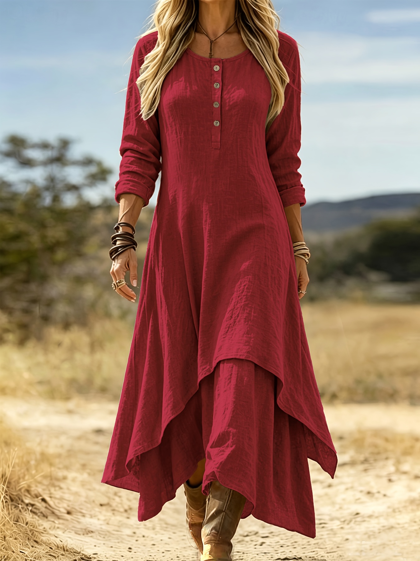 womens elegant solid color maxi dress with double layer asymmetrical hem half open front round neck long sleeve dress vintage suitable for banquets weddings fall winter formal events machine washable outerwear