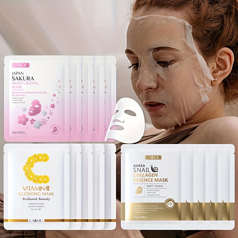 Image of Moisturizing With Laikou Sheet Mask, 15 , With 5pcs Vitamin C, 5pcs Korean Snail Facial Mask, 5pcs Sheet Mask For Women, Full Of Sheet Mask, Gift For Christmas, Valentine's Day, Birthday, New Year