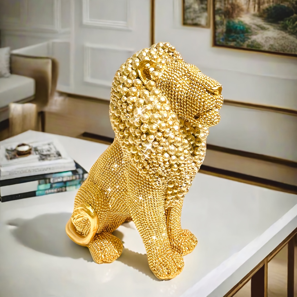 Golden Beaded Lion Statue - Elegant Resin Desk Decor for Living Room, Bedroom, Office | Ideal Gift for Father'S Day, Mother'S Day, Easter, Graduation | Versatile Home Decoration, Bedroom Decor|Luxurious Lion Design|Detailed Craftsmanship, Lion Decor