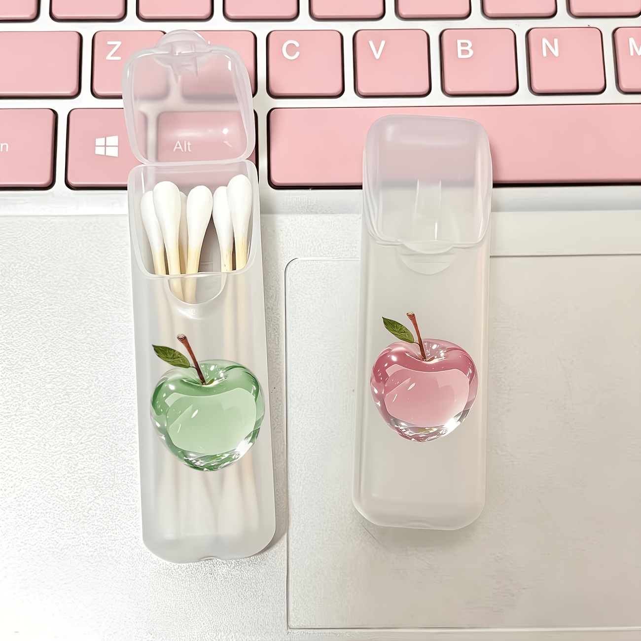 품목 사진 귀여운 핑크와 그린   사과 패턴 휴대용 여행용 수납 상자 2개 - 이쑤σι개, 치실, 데일리 정리함 수납 케이스, 컴팩트하고 편리함, 여행용 수납 상자, 미니 정리함, 소품 휴대에 적합, 누수 방지 여행용 알약 케이스, 휴대용 면봉 용기, 명절 선물용으로 사용 가능