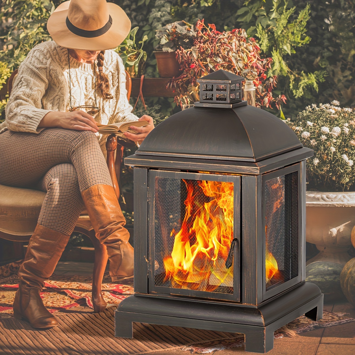 

1pc, Rustic Square Pagoda Fire Pit, Steel Outdoor Fireplace With Cooking Grill, Ideal For Garden Bbq, Backyard, Courtyard Decor