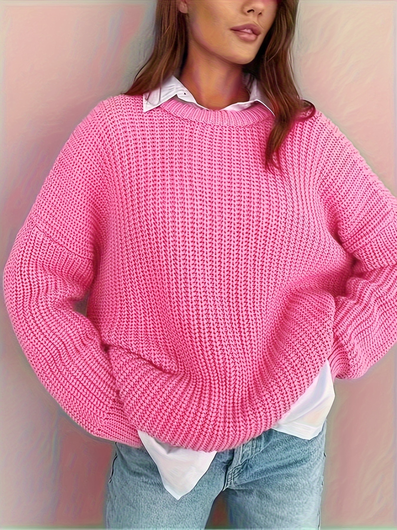 Solid Crew Neck Pullover Sweater, Casual Long Sleeve Drop Shoulder  Oversized Sweater, Women's Clothing