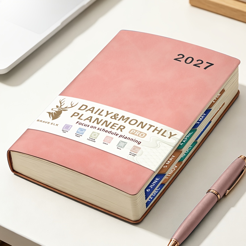 TEMU 2027 Planner Hardcover A5 | 400 Pages Daily & Monthly Planner 2027 With Ribbon Bookmarks & Color Side Index | Soft Faux Leather Cover, Binding |