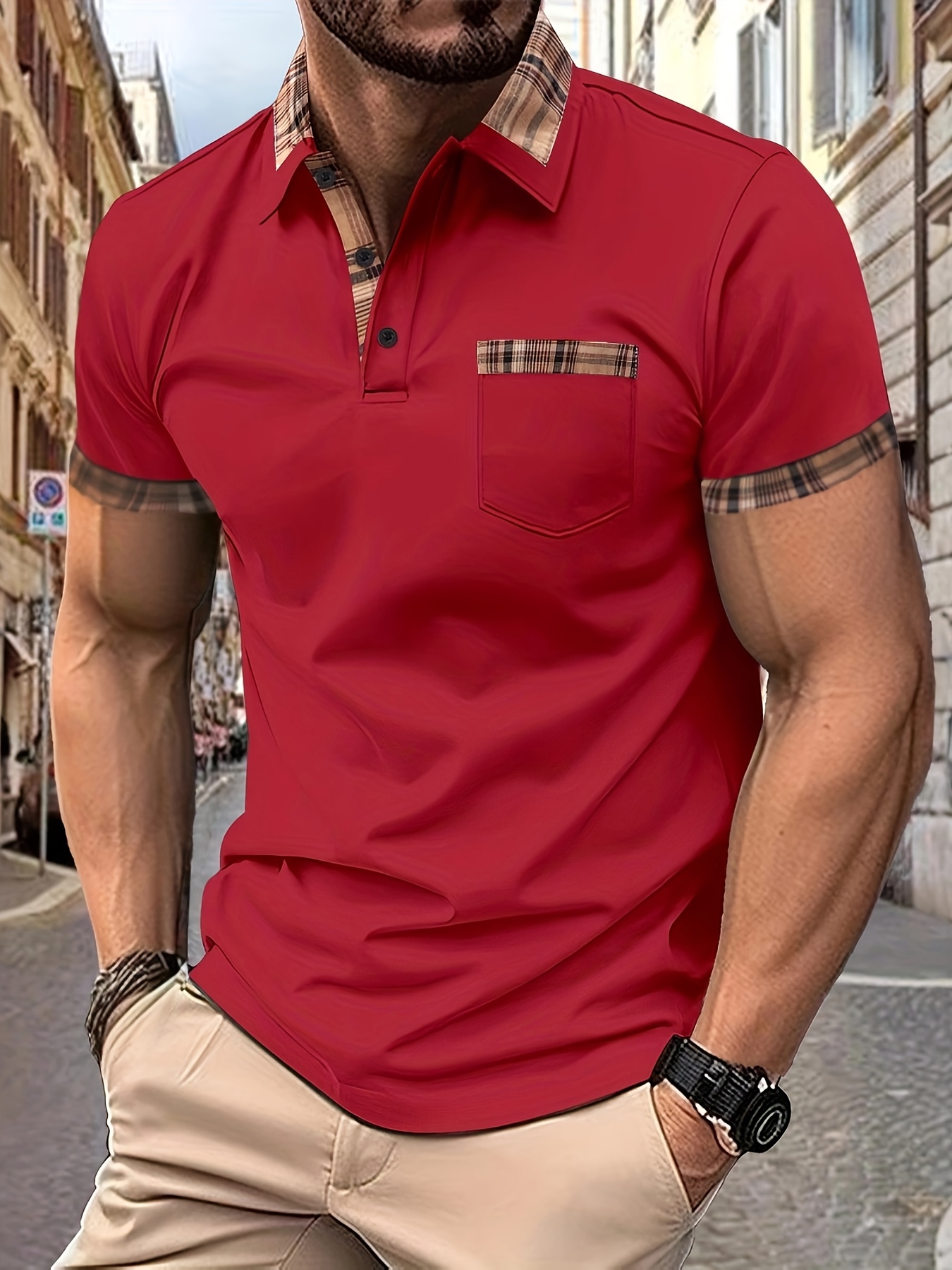 1pc Chemise Polo En Polyester Décontractée D'été Pour Hommes Avec Détail de Poche À Carreaux, Manches Courtes, Tissu Tricoté, Légèrement Extensible, Coupe Régulière, Col À Revers, Boutonnière - Sans Ceinture